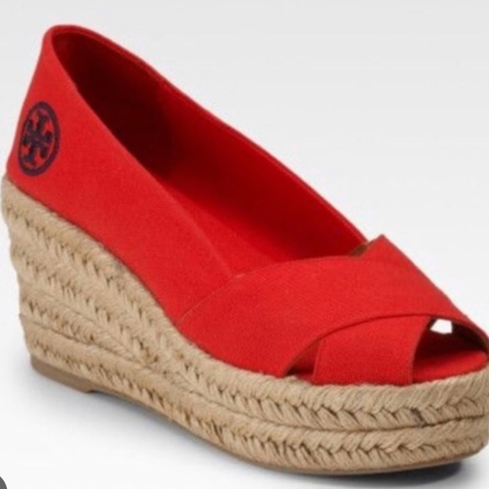 TORY BURCH red canvas Filipa espadrille wedges.